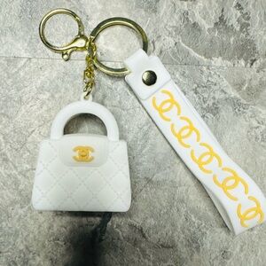 CC White Quilted Mini Purse Key Holder with Gold Logo Accents-bag charm-new